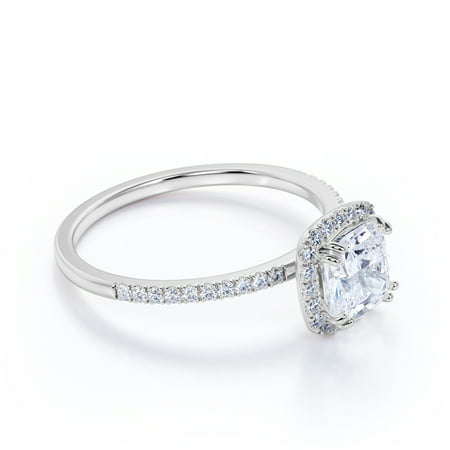 1.25 Carat cushion cut Moissanite and Diamond Halo Engagement Ring in 10k White Gold
