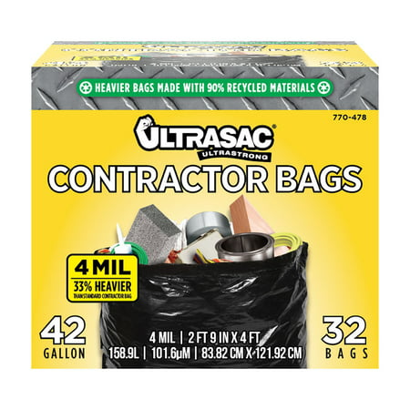 Ultrasac Extra Heavy Duty 42 Gallon, 48' x 33' Extremely Thick and Tough Trash Bag, 32 Pack with Ties