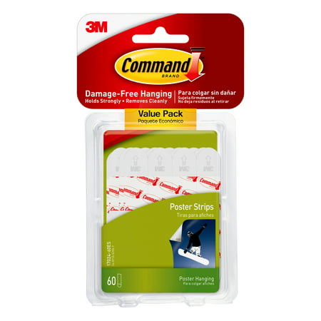 Command Poster Strips, White, Damage Free Hanging of Christmas Decorations, 60 Strips, S