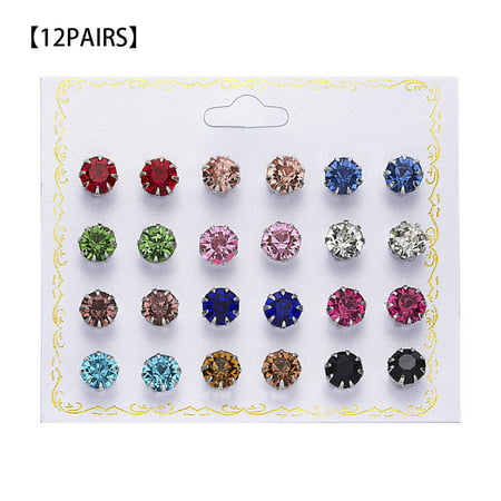 TureClos 12 Pairs/set Cubic Zircon Ear Studs Fashion Earrings Party Jewelry Gift for Women Girls Type 1# 4,