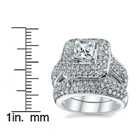 Women's 1 Carat Princess Cut Cubic Zirconia Sterling Silver 925 Wedding Engagement Ring Set, 2 pcs/1 Set