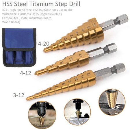 Willstar 3X HSS Step Cone Drill Titanium Coated Hole Cutter Bit Set 3-12 4-12/20 mm Pouch, Golden, 3 pcs set