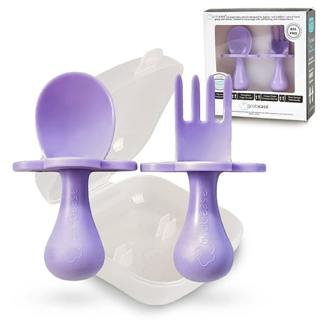 Grabease Baby and Toddler Self-Feeding Utensils ? Spoon and Fork Set for Baby-Led Weaning ? Made of Non-Toxic Plastic ? Featuring Protective Barriers to Prevent Choking and GaggingLavender,