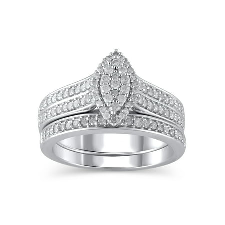 1/2 Carat T.W. (I3 clarity, J-K color) Forever Bride Marquise Shaped Halo Diamond Composite Bridal set in Sterling Silver, Size 8