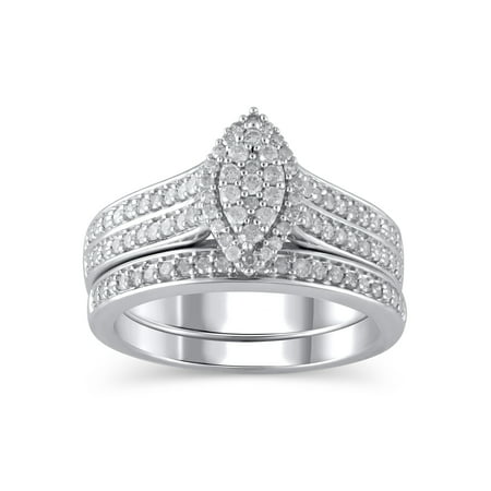 1/2 Carat T.W. (I3 clarity, J-K color) Forever Bride Marquise Shaped Halo Diamond Composite Bridal set in Sterling Silver, Size 7