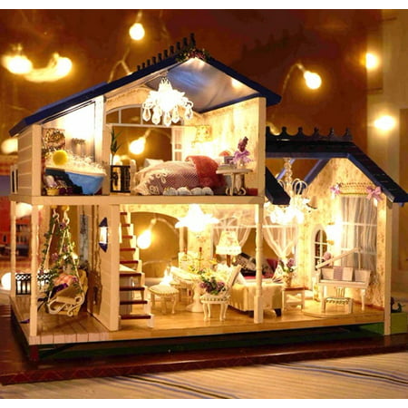 New Dollhouse Miniature DIY Kit Dolls House With Furniture DIY Handcraft Miniature Voice-activated LED Light&lamp;Music with Cover Provence Dollhouse