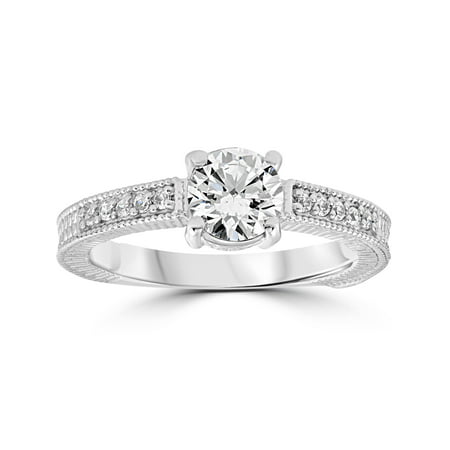 Vintage Diamond Engagement Ring 1 Carat 14K White Gold Round Brilliant Cut, White Gold, 8.5