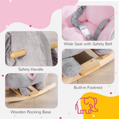 Qaba Baby Rocking Horse Elephant Rocking Chair Toddler Rocker Toy with Sound Wooden Base Seat Safety Belt for 1.5-3 Year Old, Grey