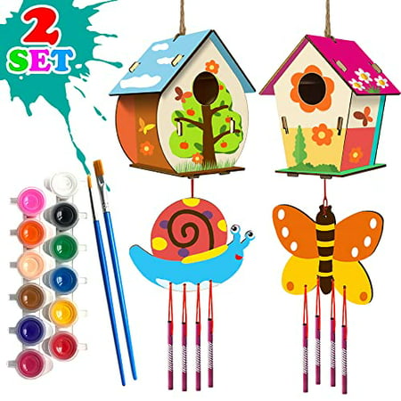 Arts and Crafts for Kids Ages 4-8 8-12, 2 Pack DIY Bird House Wind Chime Kids Crafts, Craft Kits for Girls Boys Toddlers 4-6 6-8, Painting Kits Includes Paints & Brushes