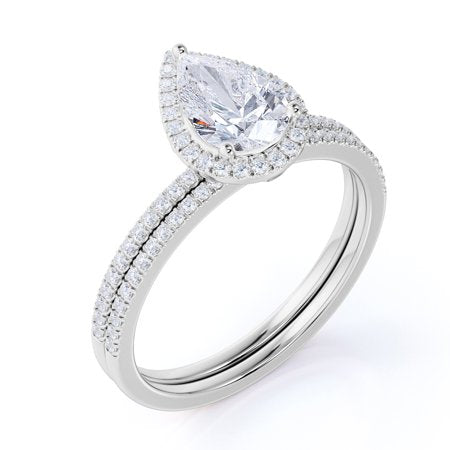 1.5 carat pear cut Moissanite and Diamond Halo pave Bridal Wedding Ring Set in 10k White Gold