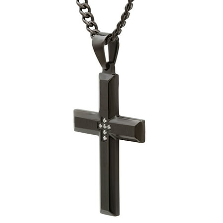 Men's Black IP Stainless Steel Diamond Accent Cross - Mens Pendant Necklace ChainBlack,