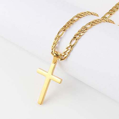 14K Gold Flat Cross for Men Women w/ real solid Strong Clasp 14ct Perfect Necklace Gift for Husband or Wife. Diamond-Cut USA made
