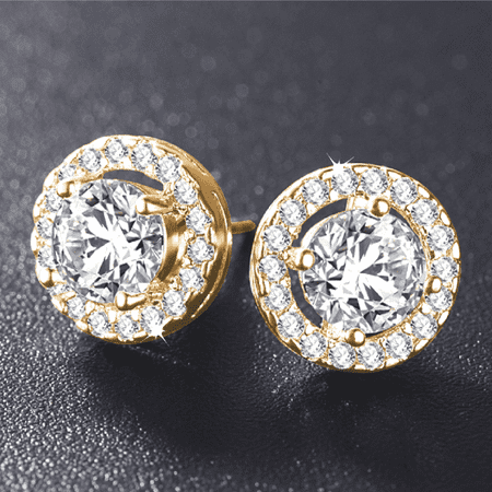 18K Yellow Gold Plated Enchanted Halo 3.32 Tcw Round Cut Simulated Diamond CZ Stud Earrings for Woman Special Occasion Anniversary Birthday Holiday Special Evening18K Yellow Gold Plated,