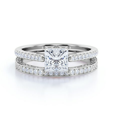 1.25 ct - Princess Cut Diamond - Pave Band - Simple Antique Engagement Ring Set - 10K White Gold, White Gold, 7