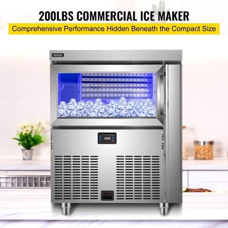 VEVOR 110V Commercial Ice Maker 200LBS/24H, Stainless Steel Under Counter Ice Machine with 100LBS Storage, 80PCS Clear Cube, Auto Operation, Blue Light, Include Water Filter, 2 Scoops, Connection Hose, 200 lbs/24h