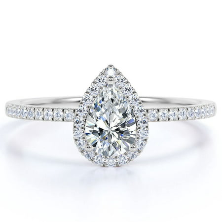 Vintage Pear Shaped Diamond Halo Engagement Ring in 10K White Gold, White Gold, 7