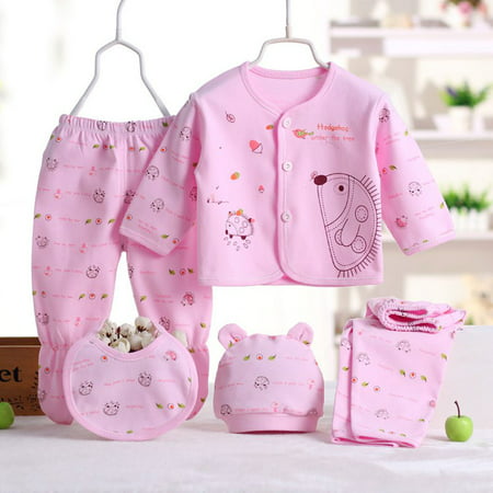 JEFFENLY 5PCS Newborn Baby Boys Girls Layette Set Cotton Sleepwear Tops Hat Pants Bib Suit Outfit Clothes Sets for 0-3M,PinkPink,