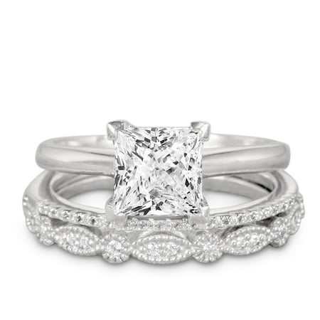 2 Carat Princess Wedding Ring Set - Bridal Set - Wedding Trio Set - Engagement Ring - Art Deco Ring - Promise Ring - Sterling SilverWhite,