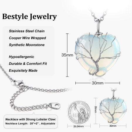 Bestyle Tree of Life Heart Crystal Necklaces for Women Girls, Moonstone Necklace June Birthstone Pendant Jewelry Gift