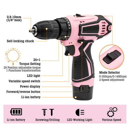 Asotony 12V Pink Cordless Lithium-ion Drill Set and Pink Tool Set Kit,Home Tool Set Kit for DIY, Lady's Home Repairing Tool Kit with 12-Inch Wide Mouth Open Storage Tool Bag