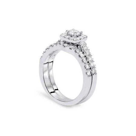 1 1/4Ct Cushion Halo Diamond Engagement Matching Wedding Ring Set 14K White Gold, White Gold, 8