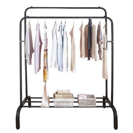 Voilamart Garment Rack Clothes Hanging Rack Heavy Duty Clothes Drying Rail Free Standing Metal Double Rod Clothing Rack Commercial Coat Rail with Shoe Box Shelf, Black