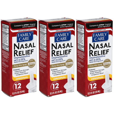 Family Care Nasal Relief Spray, 12 Hour Pump Mist, 0.5 fl. Oz., Severe Congestion, Oxymetazoline HCI Nasal Decongestant, Compare to Afrin Original Nasal Spray