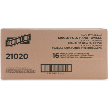 Genuine Joe Single-Fold Value Paper Towels 1 Ply - 10.25" x 9.10" - Natural - Recyclable - For Washroom, Restroom, Public Facilities - 250 Quantity Per Pack - 4000 / Carton