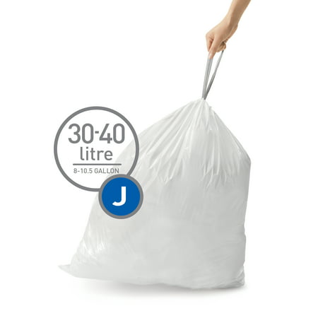 simplehuman Code J Custom Fit Drawstring Trash Bags in Dispenser Packs, 60 Count, 30-45 Liter / 8-12 Gallon, White, 60 Liners