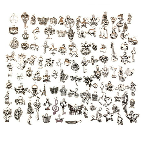 100Pcs Silver Charms for Jewelry Making Wholesale Bulk Tibetan Silver Charm Pendants for DIY Necklace Bracelet Earring Craft Supplies
