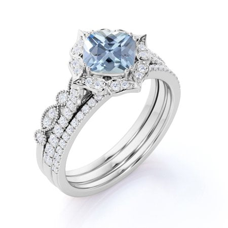 Art Deco 1.5 Carat Cushion Cut Created Aquamarine and Moissanite Trio Wedding Ring Set in 18k White Gold over Silver