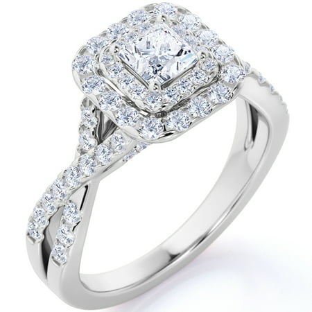 Elegant 1 Carat - Square Cut Moissanite - Twisted Band - Pave - Double Halo Engagement Ring - 18K White Gold over SilverWhite,