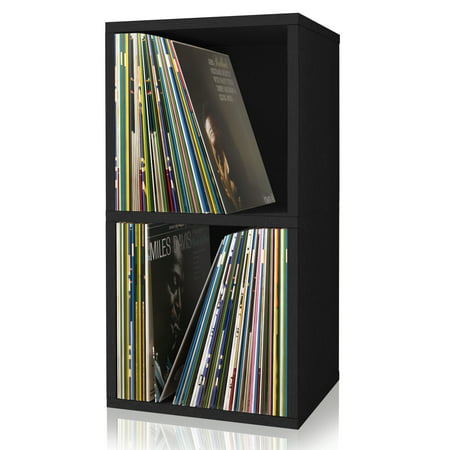 Way Basics 2 Tier Vinyl Storage Box Cube, LP Record Album Turntable Stand, BlackBlack,