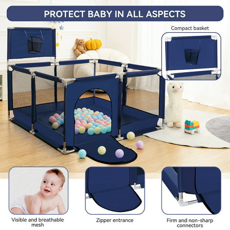 50 Inch Baby Playpen,Portable Playard Fence with Basketball Hoop Breathable Mesh for Indoors Outdoors Infant Toddler KidsDark Blue,