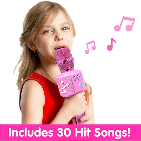 Move2Play Bluetooth Wireless Kids Karaoke Microphone, Pre-Loaded 30 Famous Songs, Gift Toys for Girls Age 4 5 6 7 8 Year OldsPink,
