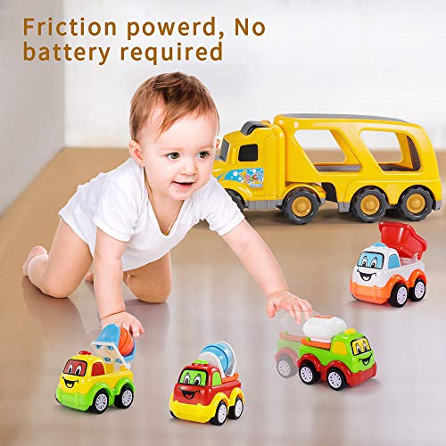 TEMI Construction Truck Toys for 1 2 3 4 5 6 Year Old Boys, 5-in-1 Friction Power Toy Vehicle in Carrier Truck, Toddler Toys Car for Boys for Kids Aged 3+