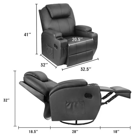 Homall Heated Swivel Rocking Recliner Chair Massage PU Leather 360? Swivel Rocker Recliner Living Room Chair Home Theater Seating Heated,Pu Leather Black, Black