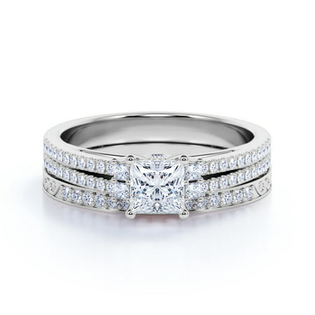 Stunning 1.25 ct - Princess Cut Diamond - Pave - Vintage - Double Band Engagement Ring - Bridal Set - 10K White Gold, White Gold, 7