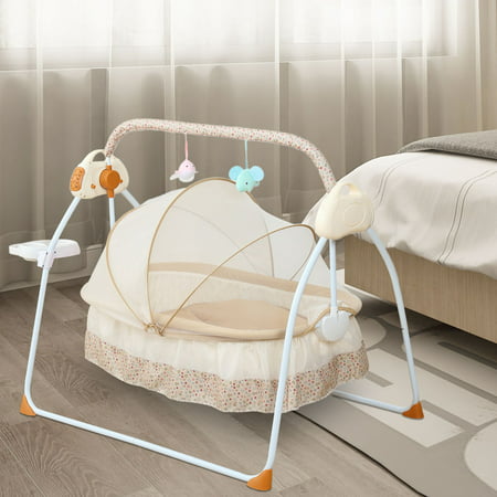 Wuzstar Electric Crib Bluetooth Baby Cradle Swing Rocking Chair with Pillow+Mat for 0-18 Months Newborn,Khaki