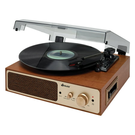 JENSEN JTA-245 3-Speed Stereo Turntable with Cassette Player; Stereo Speakers; And Dual Bluetooth Transmitter/Receiver