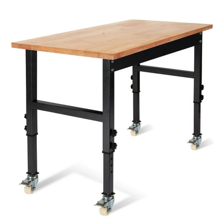 Polar Aurora 48" Adjustable Heavy-Duty Work Bench, Rubber Wood Top Worktable with Wheels, with wheels 48''