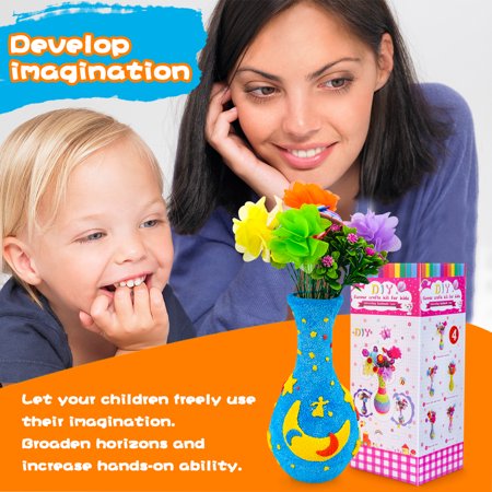 Dream Fun Flower Craft Kit for Girls Boys Age 6-12, Arts and Crafts Set for 7 8 9 10 11 Kid DIY Colorful Button & Felt Flowers Craft Kit Moon Star Vase Kinderen Toys for 5-12 ChildStar+Moon,