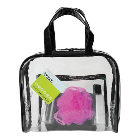 Basics 6-Piece Transparent PVC Travel Tote Includes Small Flat Zipper Pouch, Medium Transparent Zipper Pouch, 2 Travel-Sized Liquid Bottles & Compact Loofah