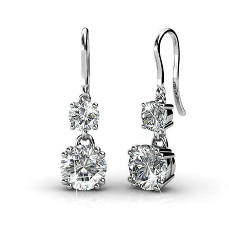 Cate & Chloe Kadence White Gold Dangle Earrings, 18k White Gold Plated Earrings with Swarovski Crystals, Women's Round Cut Crystal EarringsSilver,