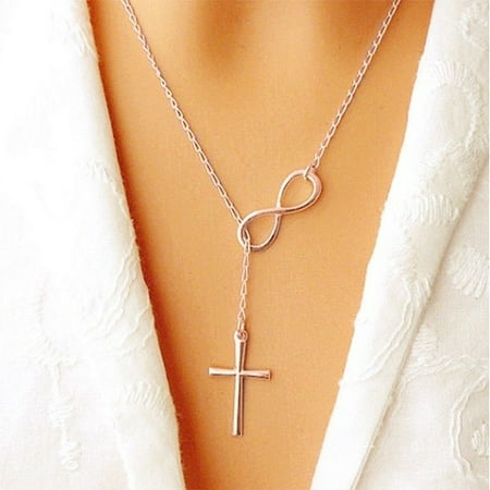 18k Gold, Rose Gold Or Sterling Silver Infinity Cross Lariat Necklace, 18k Gold, 01