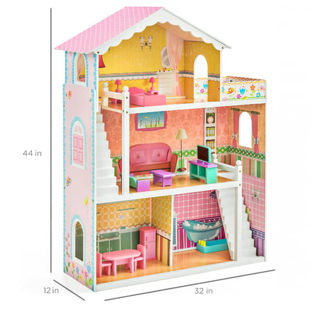 Best Choice Products 44in 3-Story Wood Dollhouse, Large Open Mansion w/ 5 Colorful Rooms, 17 Furniture Pieces
