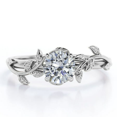 0.50 Carat Round Cut Moissanite Bohemian Engagement Ring - Vintage Moissanite Promise Ring - 18k White Gold over Silver, White, 7