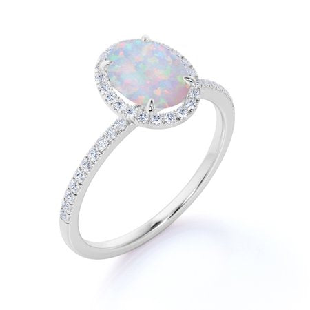 Antique 1.25 ct Oval Cut Opal and Moissanite Halo Promise Ring in 18k White Gold over Silver