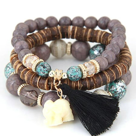 Women Fashion Wood Beads Bracelets Boho Small Elephant Charm Bracelets Set Vintage Style Jewelry HFONBlack,