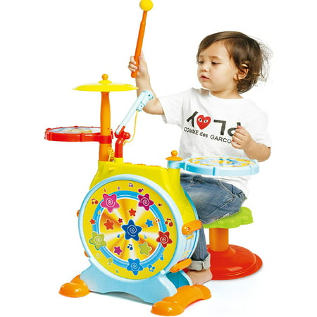 Prextex Kids Drum Set with Working Microphone, Lights, Adjustable Sound, Bass Drum, Pedal, Drum Sticks, and Little Chair for Babies Toddlers and Kids